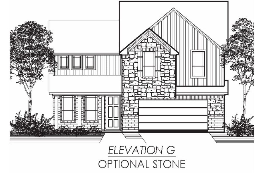 Architectural drawing of a two-story residential home with optional stone facade, labeled "elevation g.