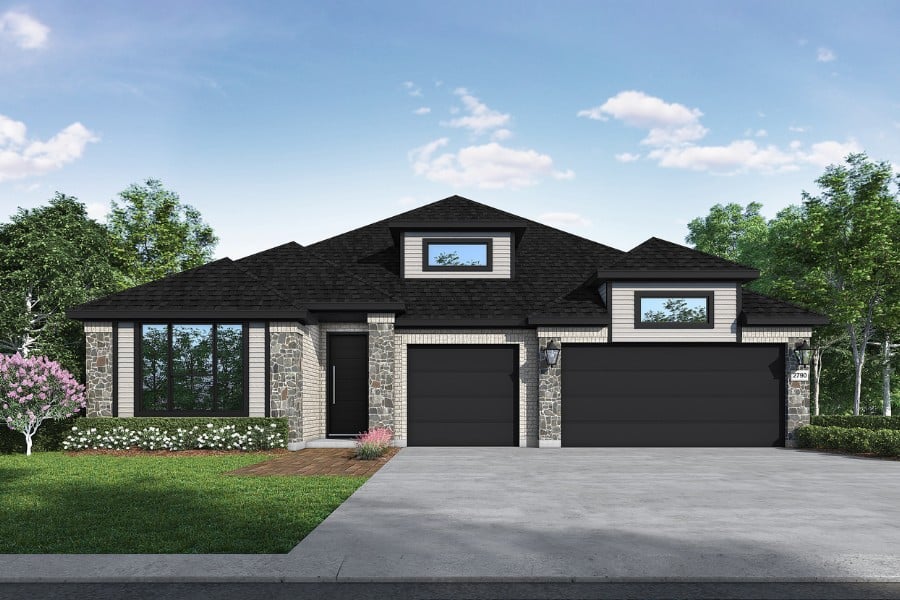 Modern single-story house with a black roof, stone exterior, and a double garage.