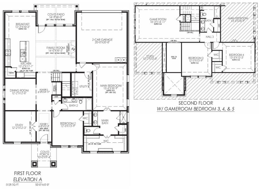 Architectural floor plan of a two-story house with labeled rooms and dimensions.