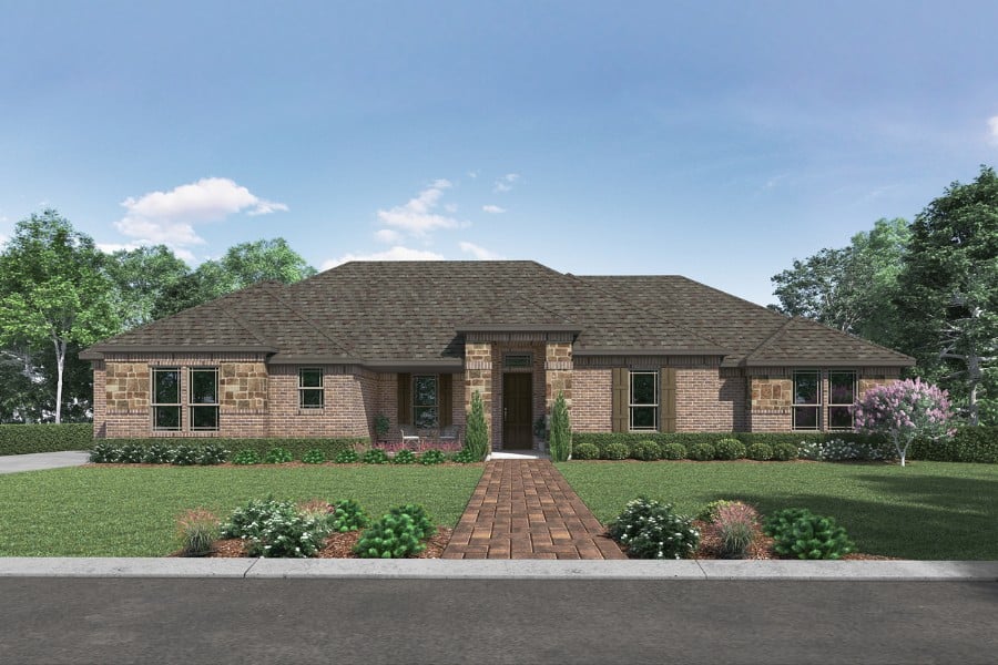 Single-story brick house with a landscaped front yard and paved walkway.