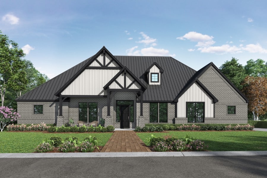 Modern single-story house with a dark roof, brick exterior, and landscaped front yard.