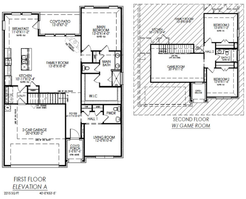 Blueprint of a two-story house with labeled rooms, including a game room on the second floor.