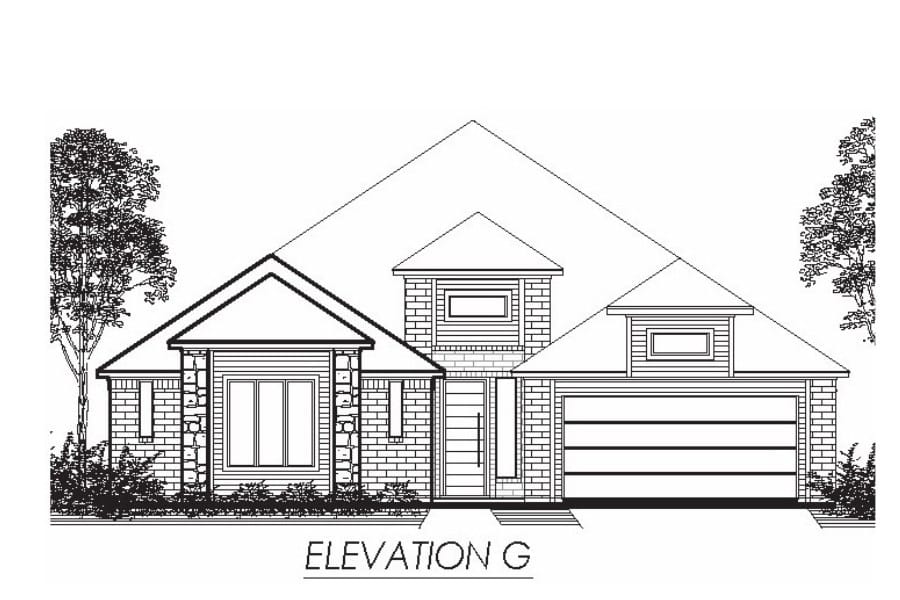 Architectural drawing of a single-story residential house with a gabled roof and attached garage.