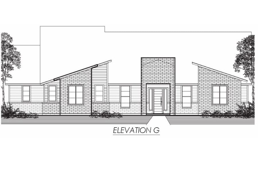 Architectural elevation drawing of a single-story residential building with a gabled roof.