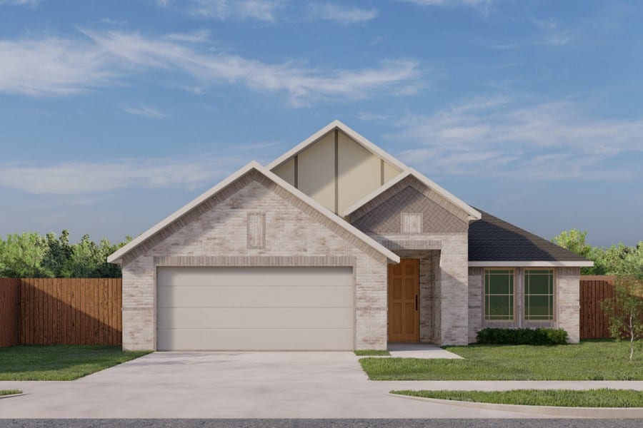 New suburban single-story house with a two-car garage and a beige brick facade.