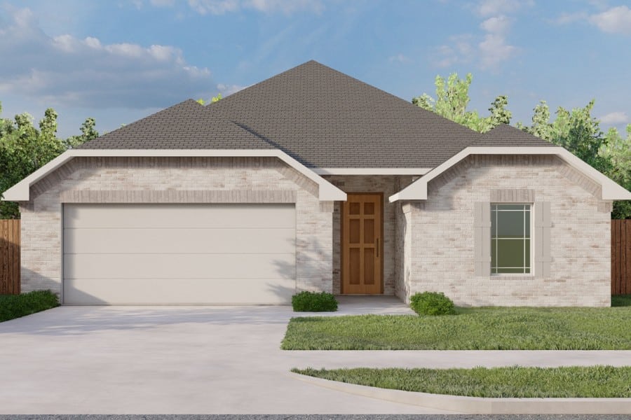 New suburban home with a two-car garage and a manicured lawn.