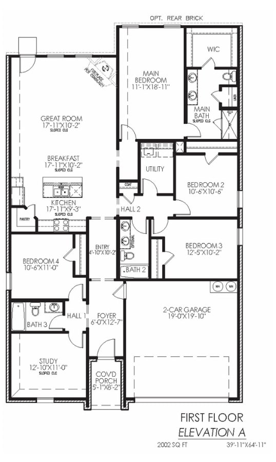 First floor blueprint of a residential home featuring three bedrooms, a study, and an attached two-car garage.