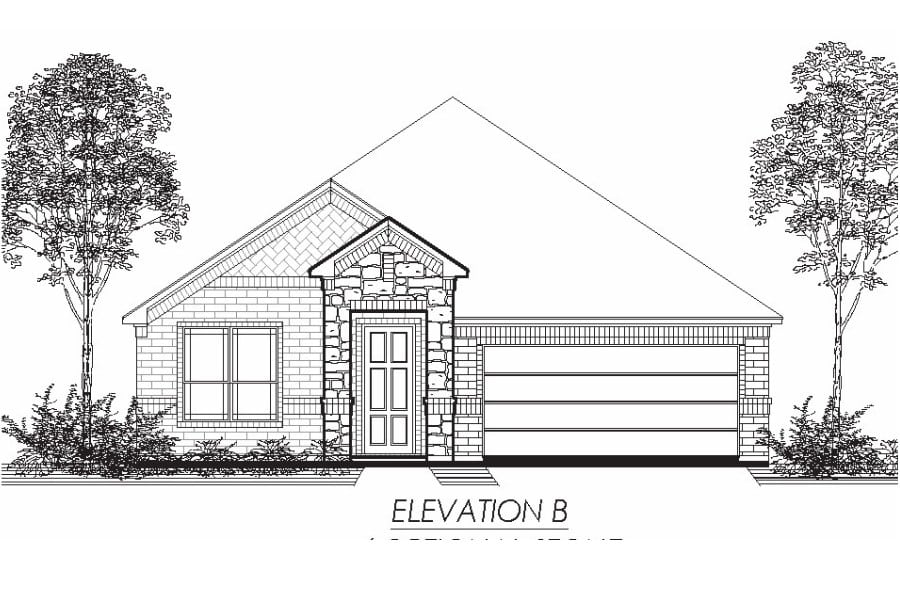 Architectural drawing of a single-story residential home with a front elevation view, featuring a gabled roof and an attached garage.