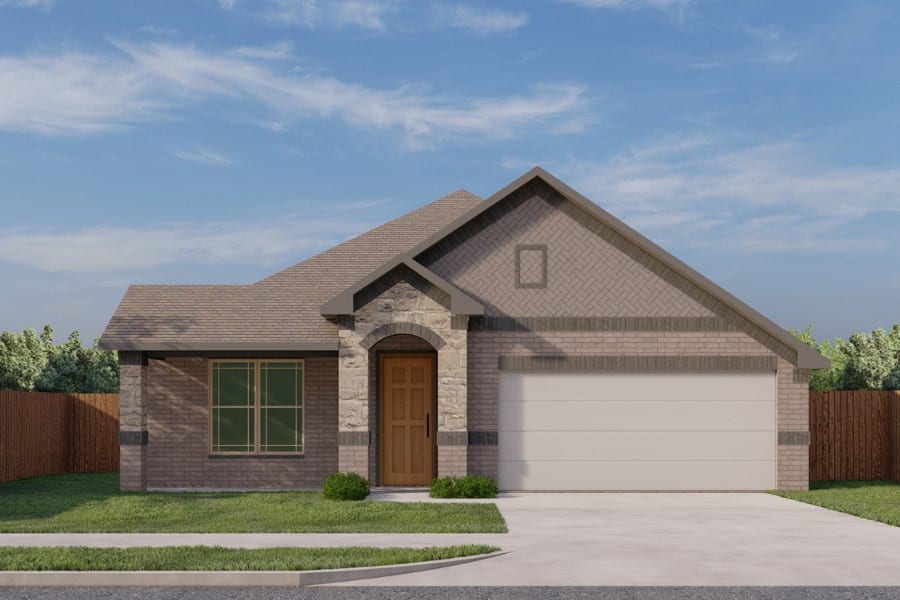 Single-story residential home with a two-car garage and a stone facade.