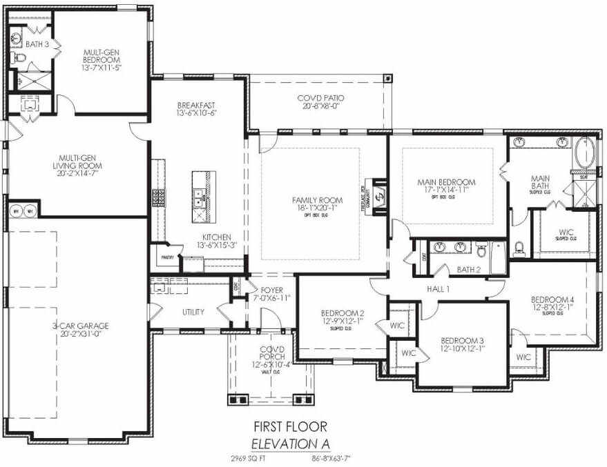 Blueprint of a single-story residential home with four bedrooms, three bathrooms, a three-car garage, and multiple living areas.