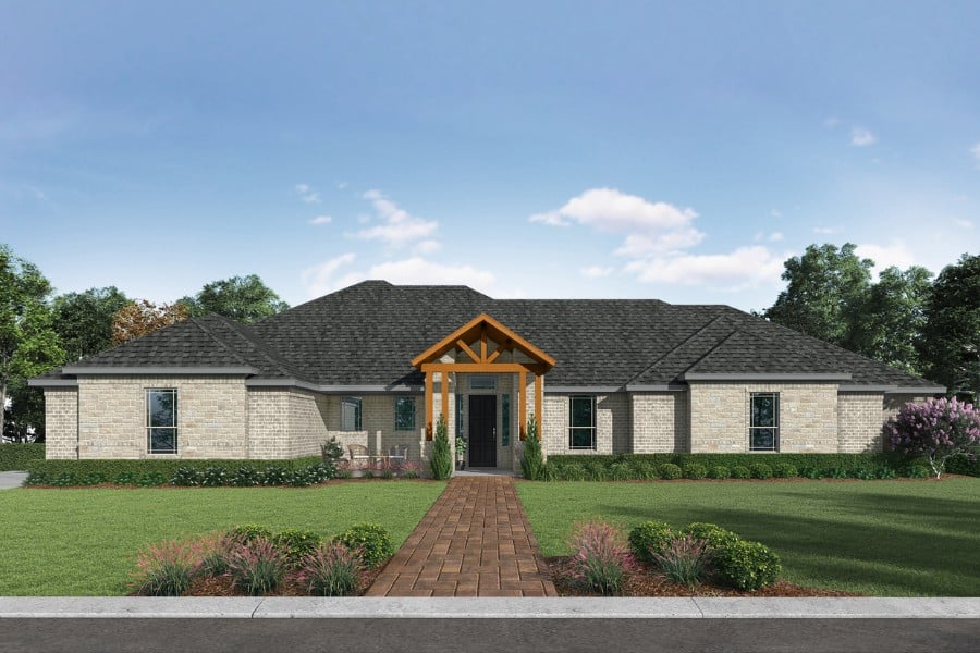 New single-story residential home with stone facade and a prominent orange entrance door.