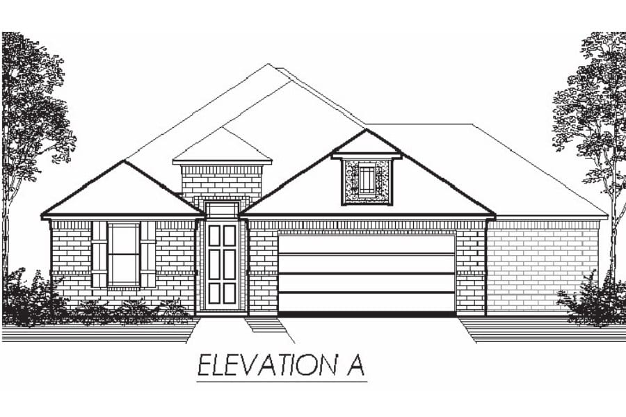 Architectural drawing of a single-story residential house front elevation.