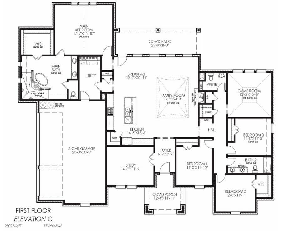 Architectural floor plan of a two-story residence with labeled rooms and dimensions.