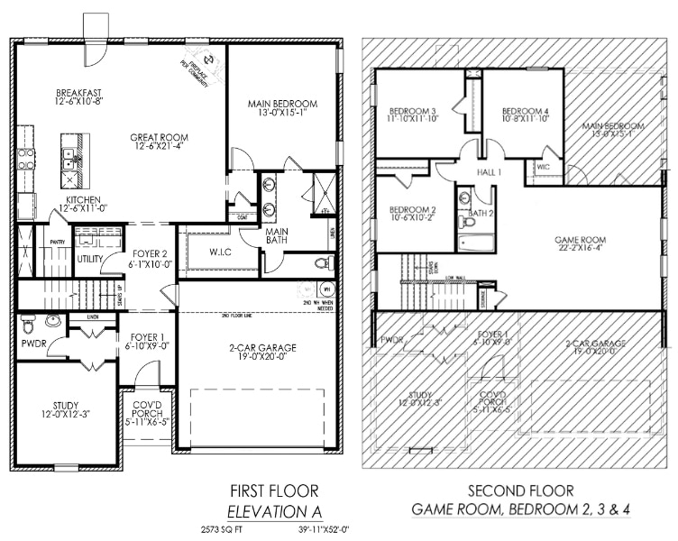 Blueprints of a two-story house showing first and second floor layouts, including room dimensions and garage space.