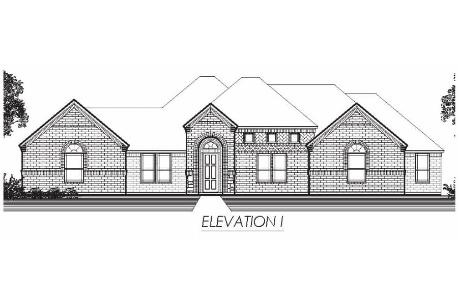 Architectural drawing of a single-story residential house front elevation.