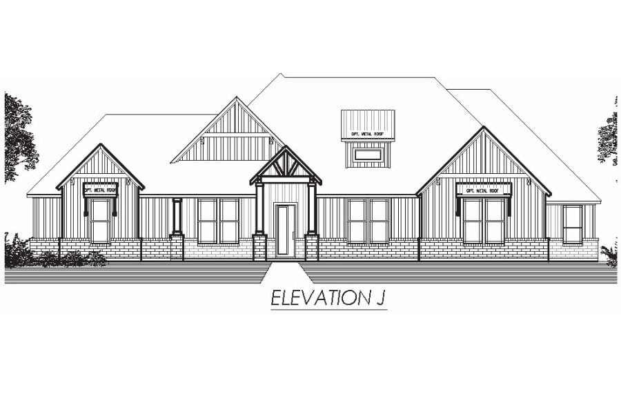 Architectural drawing of a single-story residential house front elevation.