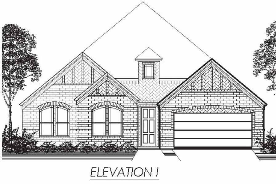 Architectural drawing of a single-story residential home with a gabled roof, an attached garage, and a central entrance tower.