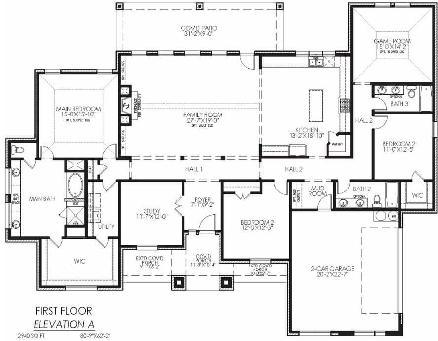 Architectural floor plan of a two-story residence showing layout of rooms and dimensions for the first floor.