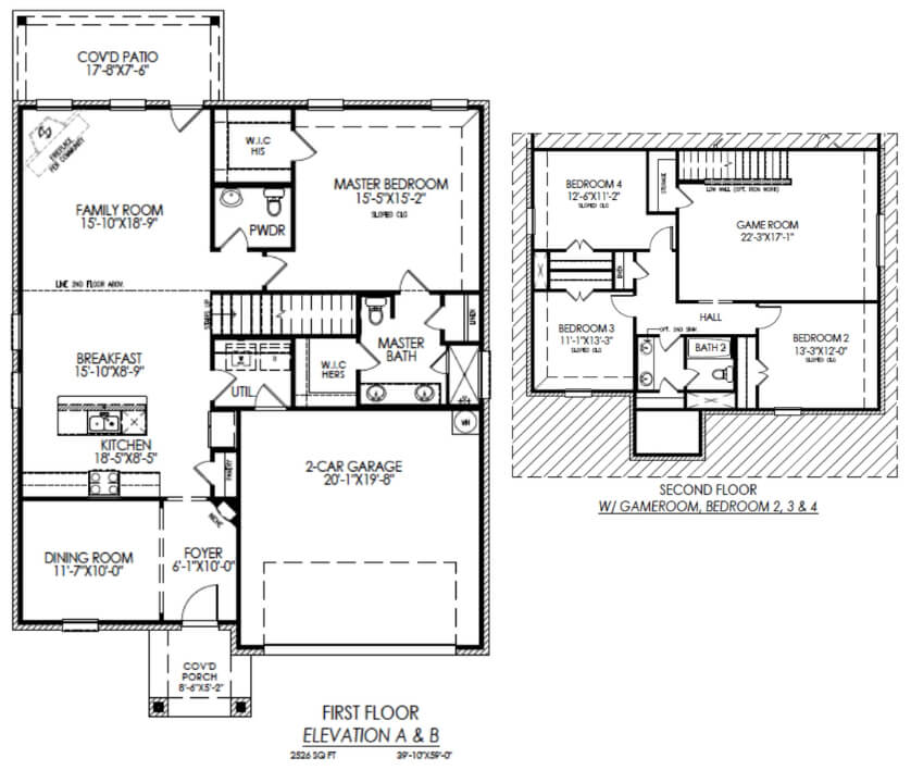 Blueprint of a two-story residential house showing room layouts for both floors.