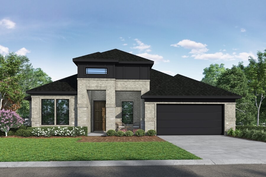 Modern single-story house with a dark roof, large windows, and a two-car garage.