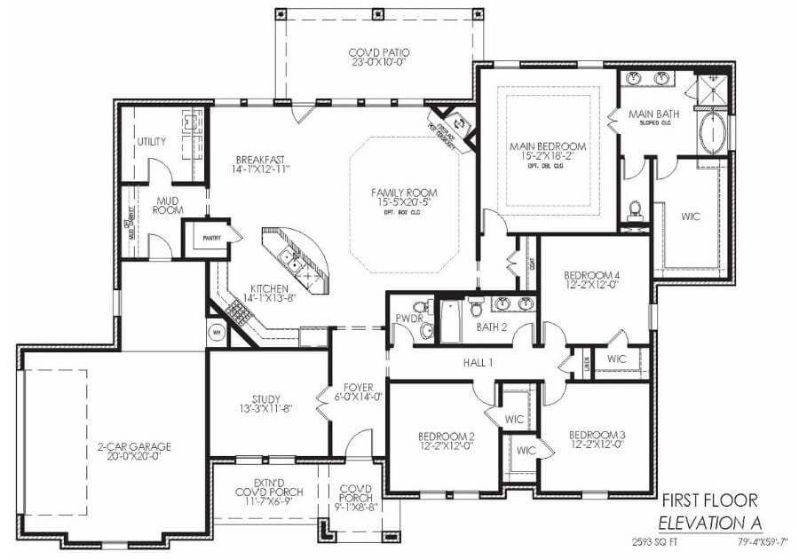 Architectural floor plan of a first-floor elevation with labeled rooms and dimensions.