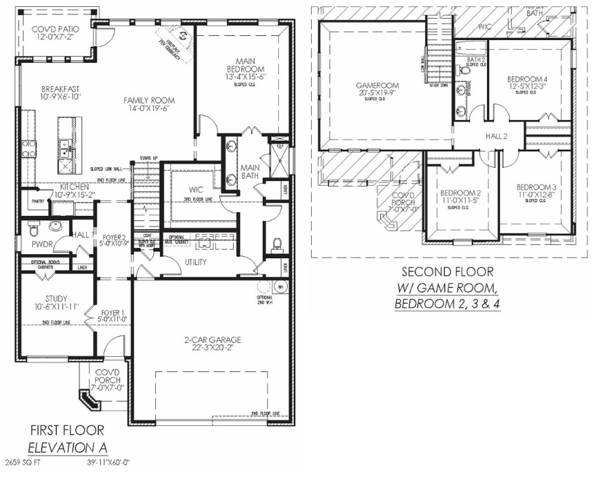 Blueprint of a two-story residential house showing the first and second floor layout, including room dimensions and garage space.