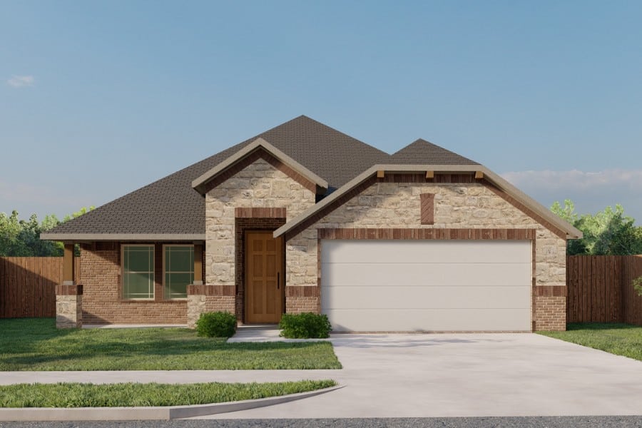 Single-story suburban house with a two-car garage and a landscaped yard.