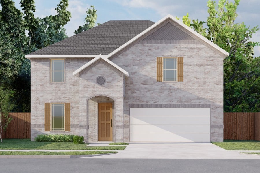 Two-story suburban house with a garage and a manicured lawn.