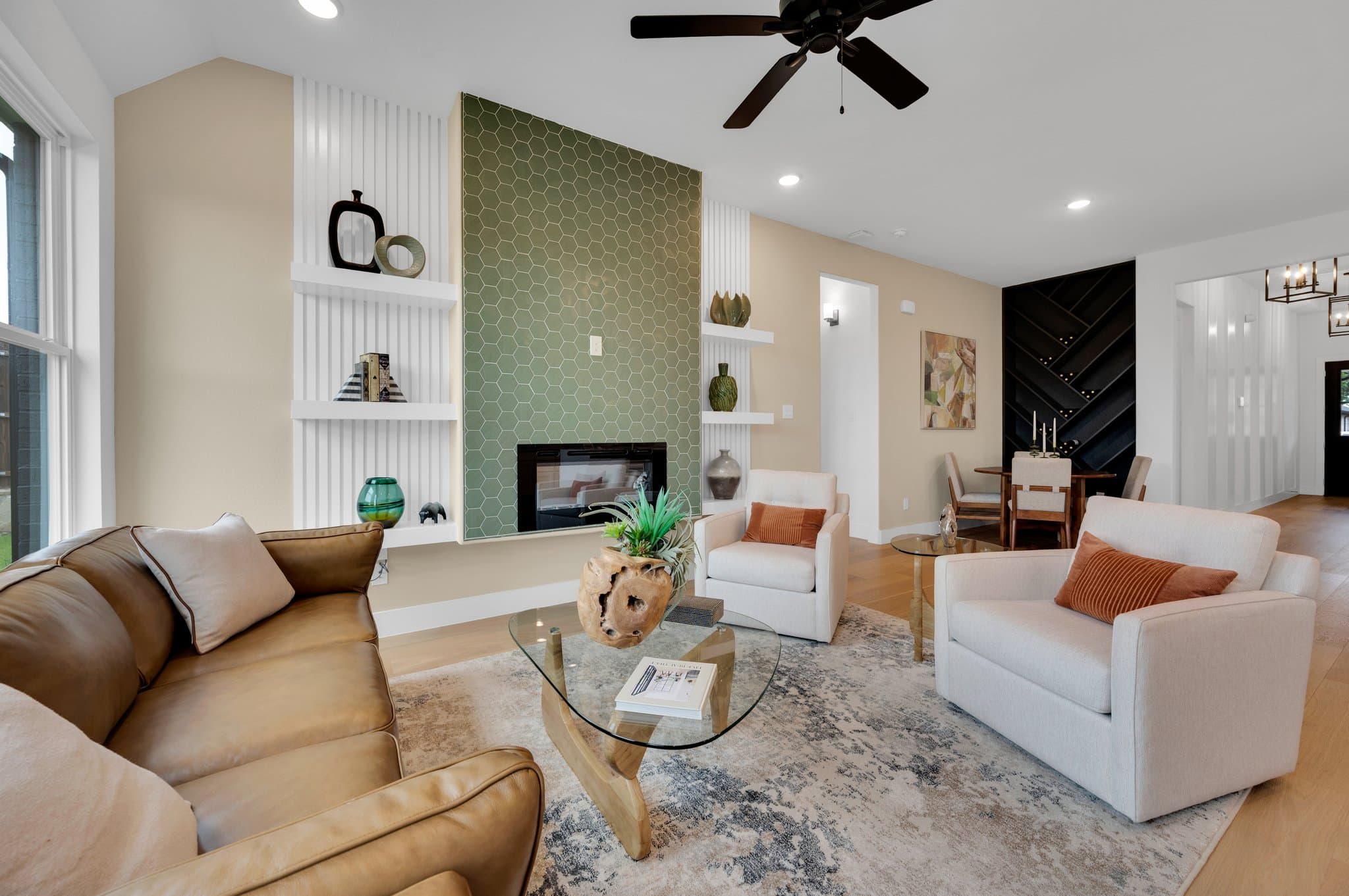 Modern styled living room of a new construction home in Godley, TX.