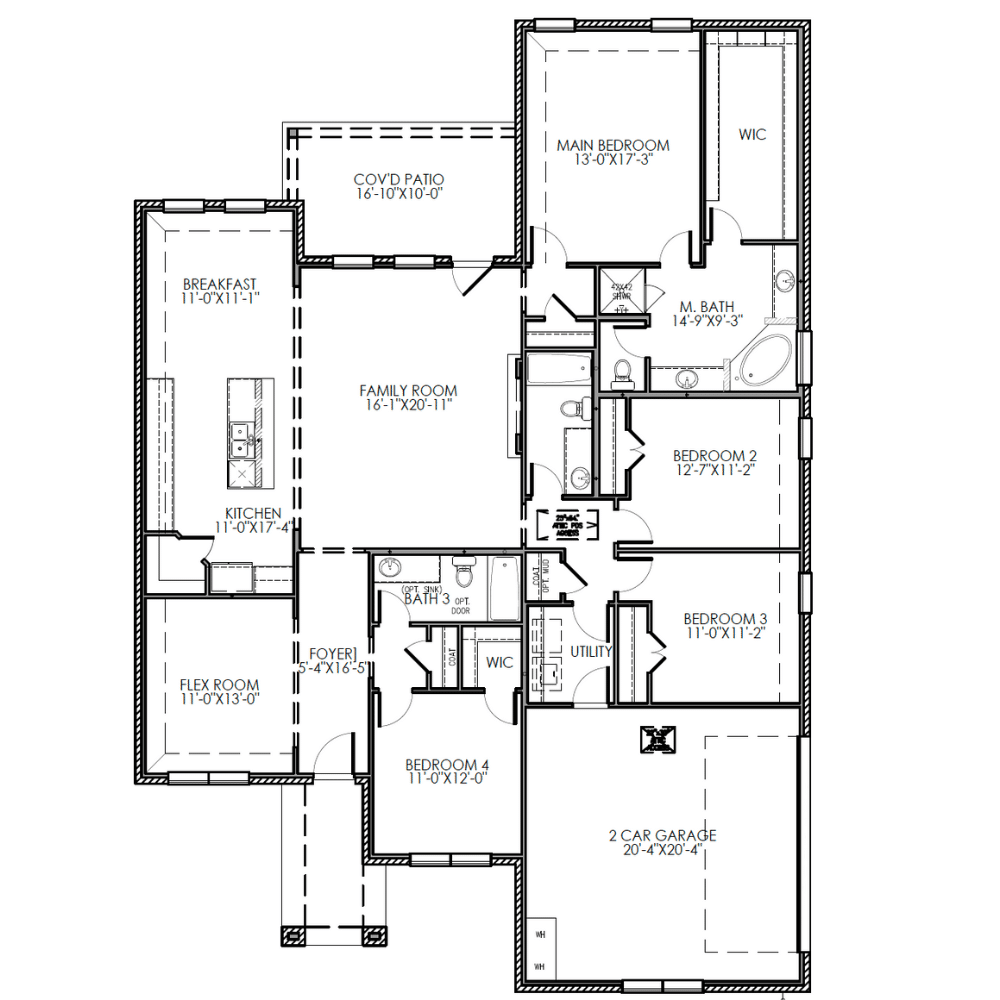 The Broadway floor plan by Lillian Homes featuring 4 bedrooms, 3 bathrooms, a flex room, an open-concept kitchen with island, and a covered patio.