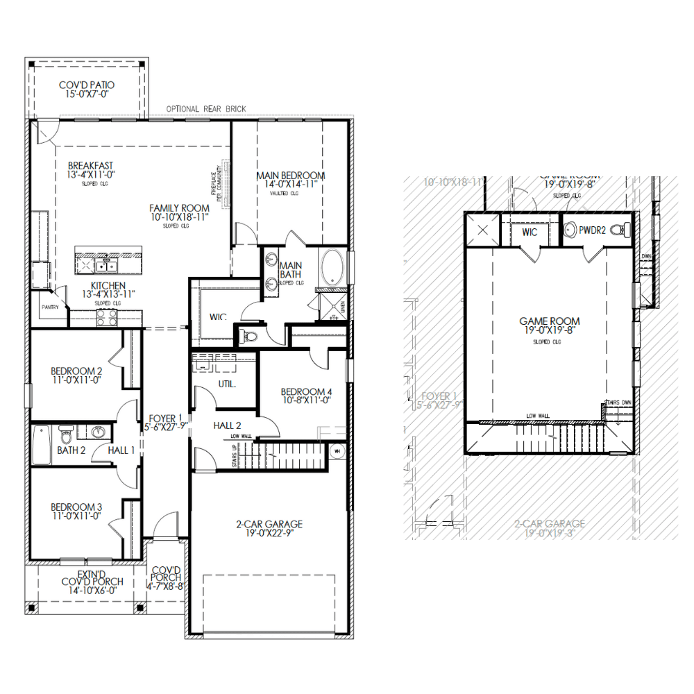 Floor plan of The Elm by Lillian Homes in Venus, TX showing a 4-bedroom single-story layout with an open kitchen and living area.