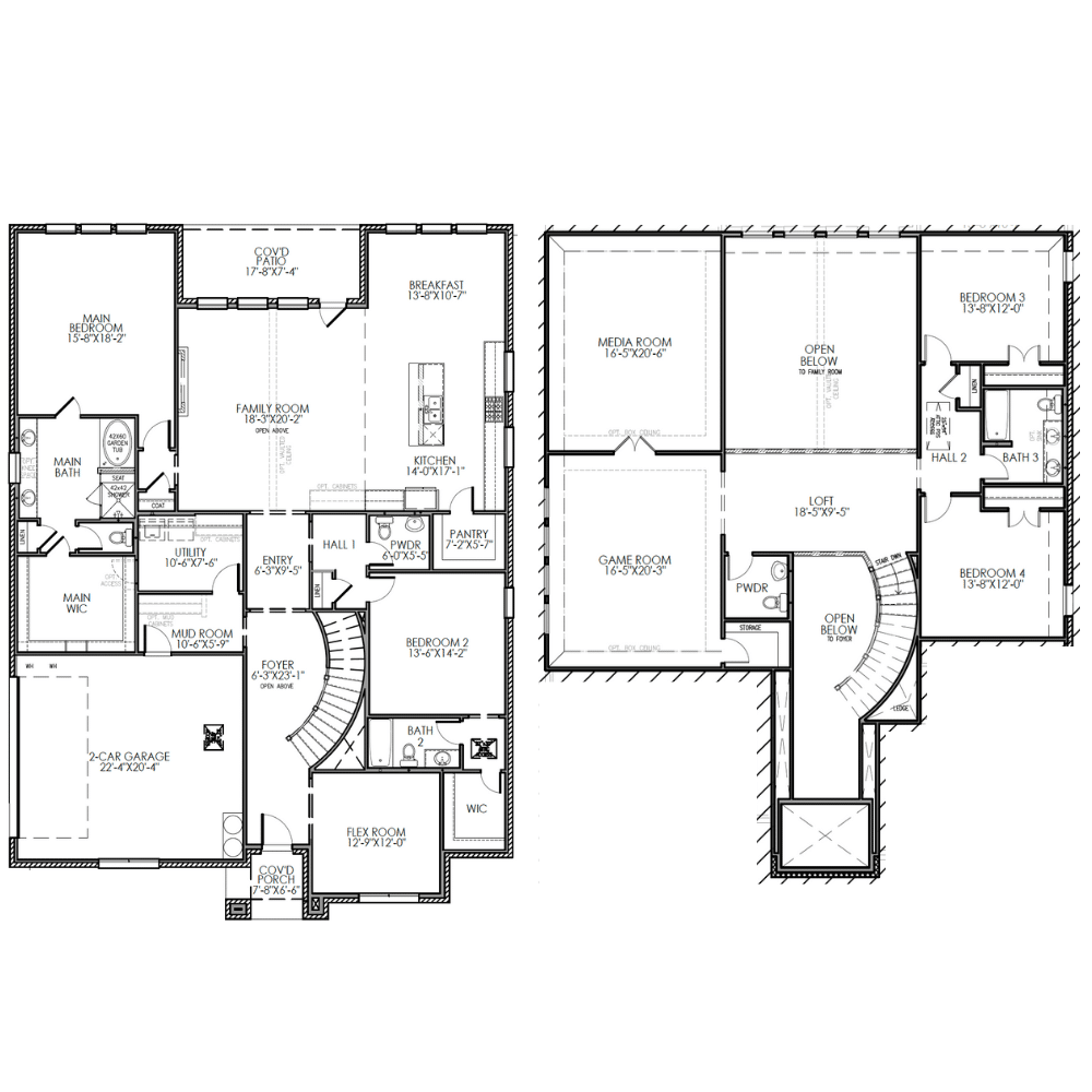 The Montgomery floor plan by Lillian Homes featuring a spiral staircase, 4 bedrooms, 3 full and 2 half bathrooms, a media room, a game room, and a mud room.